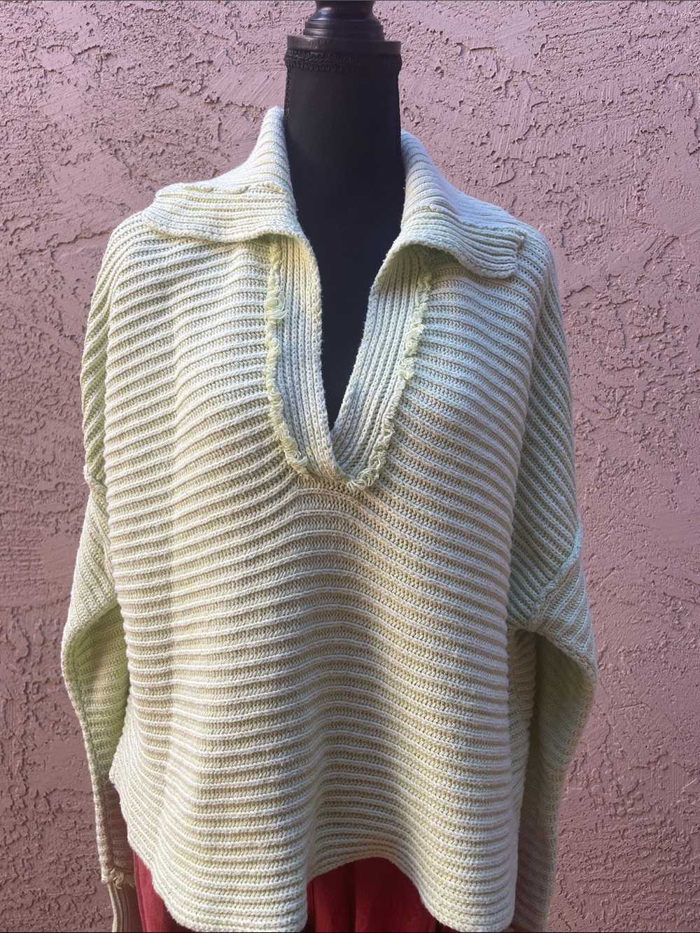 Free People Green Oversized Ribbed V-Neck PulloverSweater